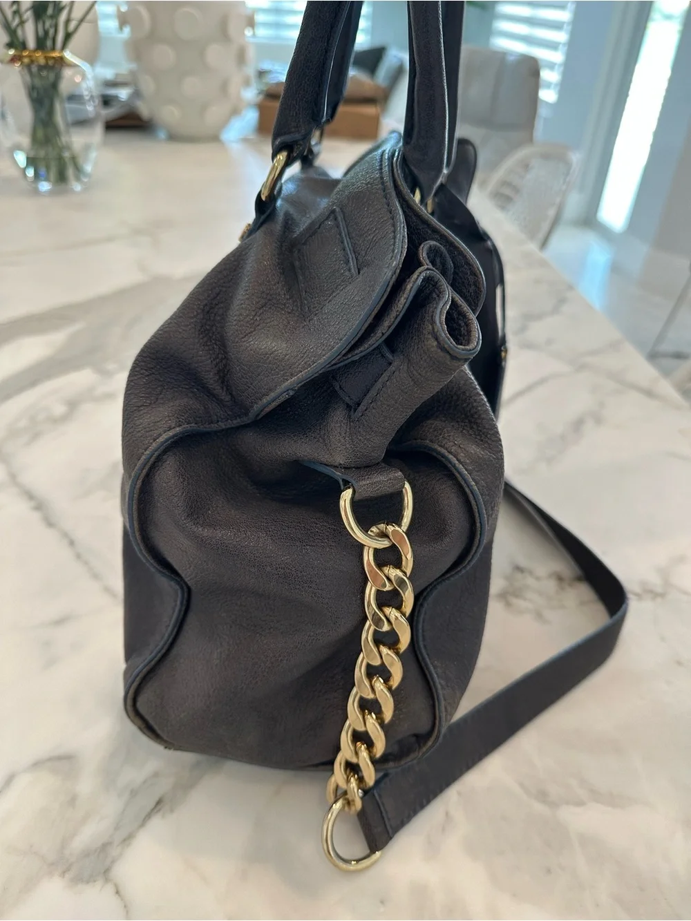 Michael Kors denim blue Leather Shoulder Tote with Gold Hardware.